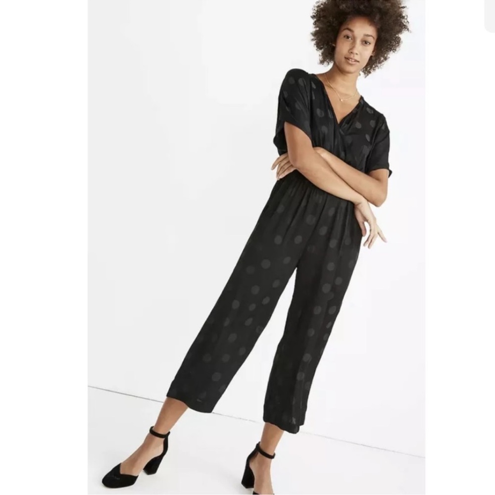 Madewell Wrap Front Smock Waist Jumpsuit in Dot Jacquard Size Small Black